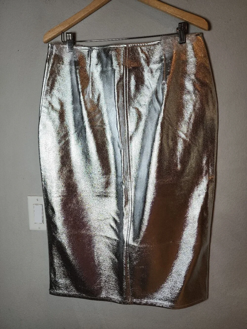 NWT Macy's INC Silver Metallic Faux Leather Front Slit Pencil Midi Skirt Size 12